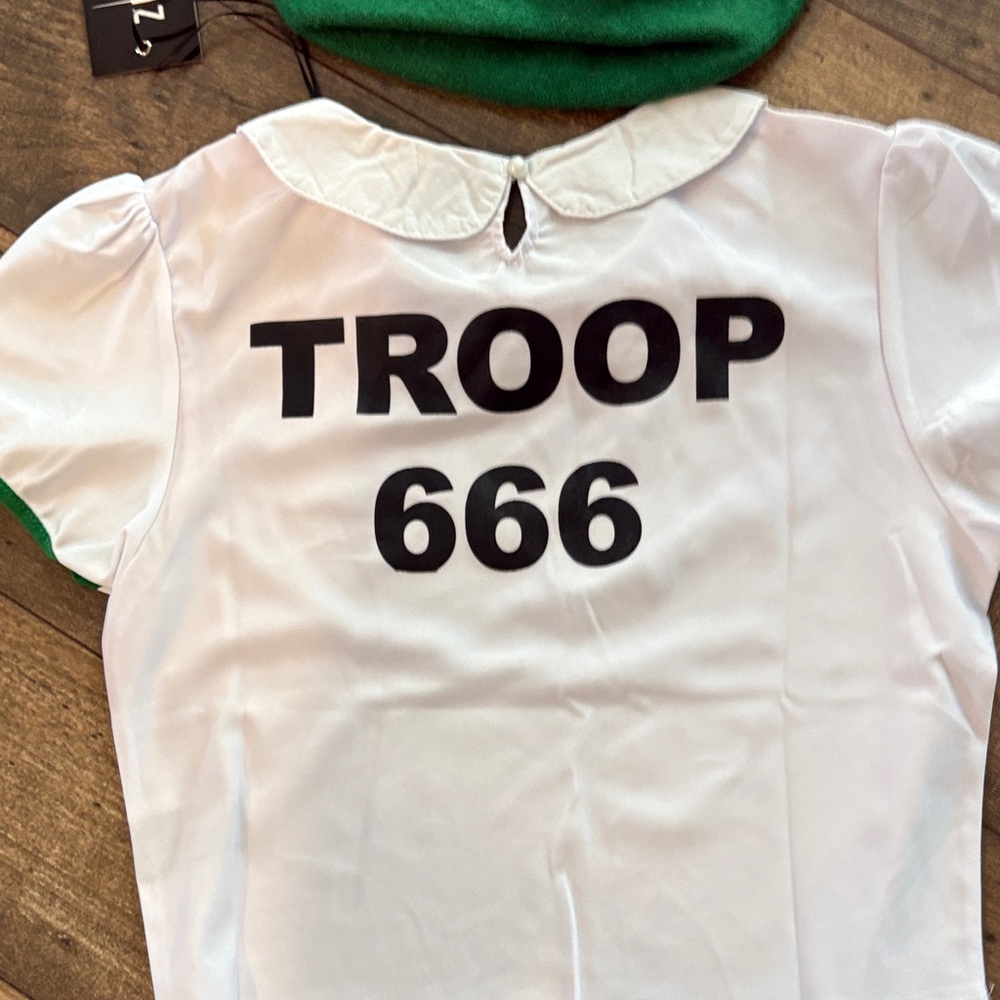 Dolls Kill Green Pleated Mini Skirt Set with White 'TROOP 666' Top - Picture 2 of 9